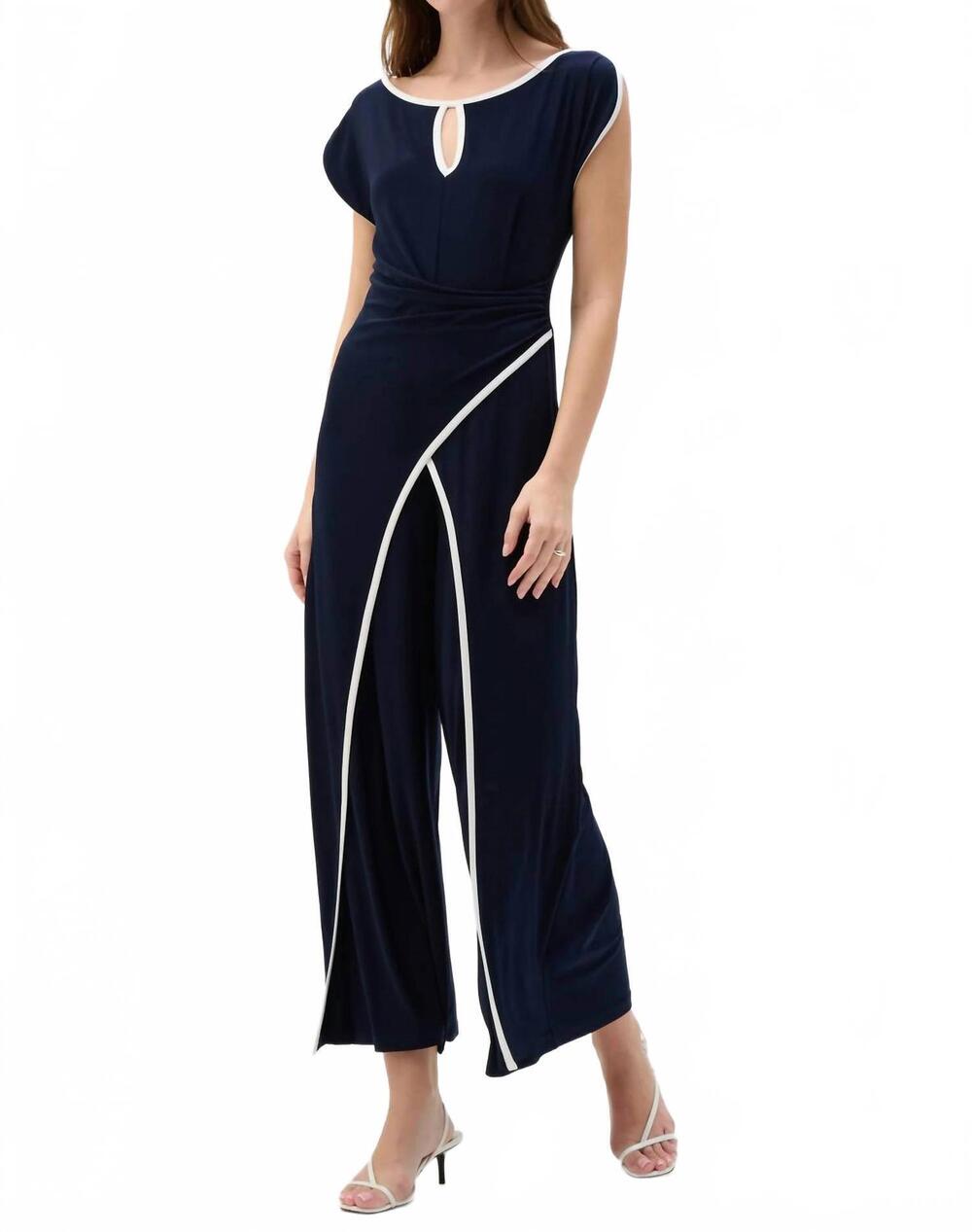 NEW JOSEPH RIBKOFF draped bodice culotte jumpsuit in midnight blue/vanilla